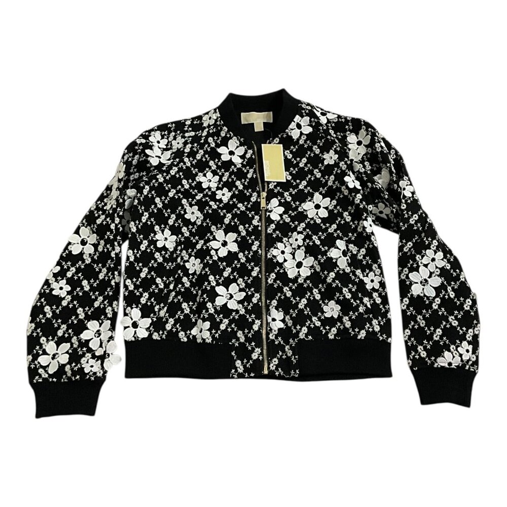 Michael Kors Black Floral Embroidered Mesh Bomber Jacket Women's NWT $295 MSRP